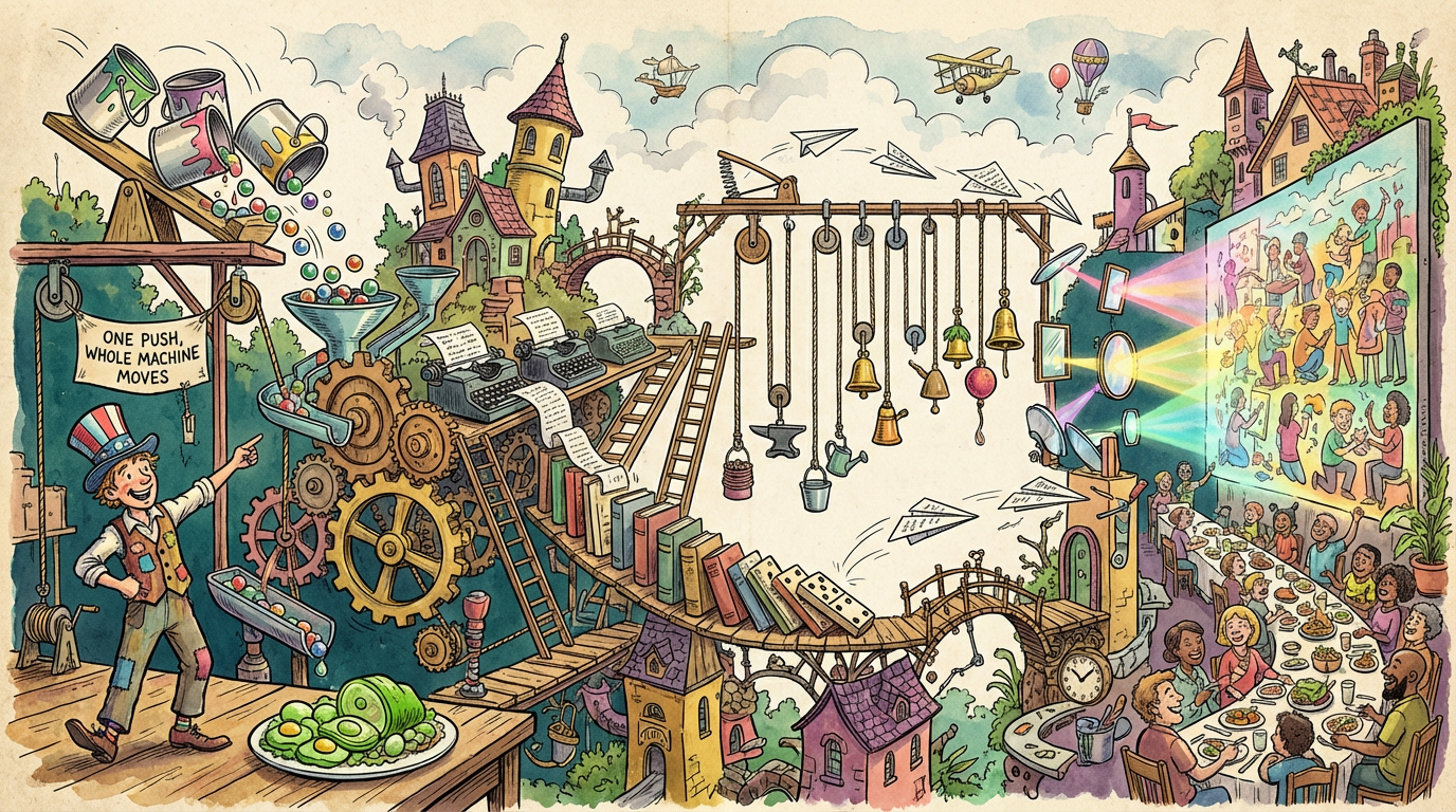 A whimsical Rube Goldberg machine in Dr. Seuss style — paint cans, gears, dominoes, and green eggs and ham, with the motto: One push, whole machine moves.